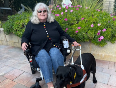 Lady in a wheelchair with guide dog on their right