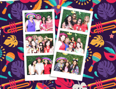 Photobooth collage of people posing in front of a camera, with fiesta decorations.