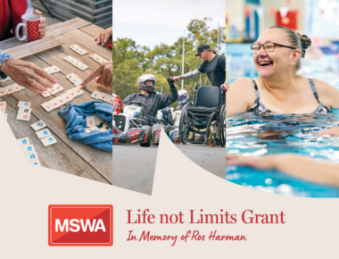 Collage of photos featuring people playing boardgames, a person in a go kart, and a person in a pool. Logo: Life not Limits Grant In Memory of Ros Harman.