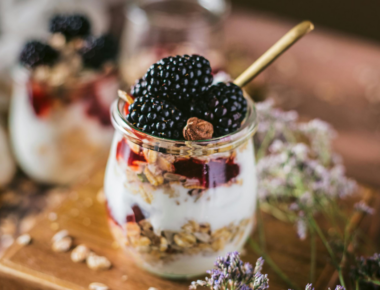 Breakfast oats topped with berries.