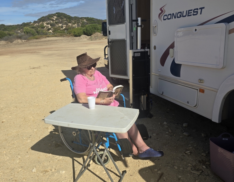 MSWA Client Sue during a camping trip.