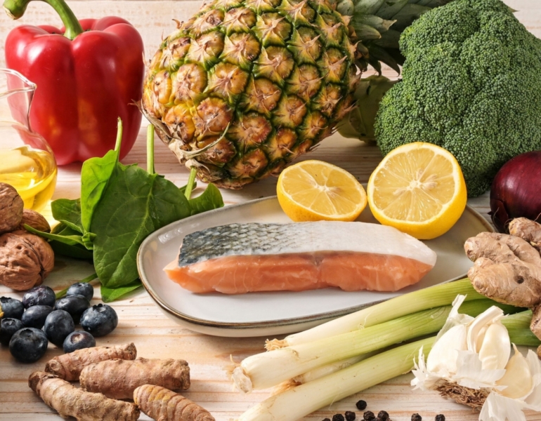 fruits and vegetables on a wooden table