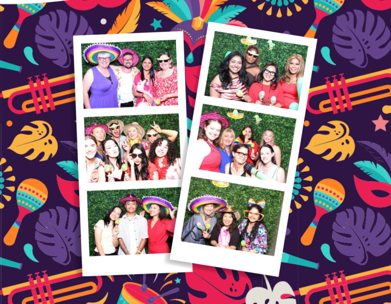 Photobooth collage of people posing in front of a camera, with fiesta decorations.