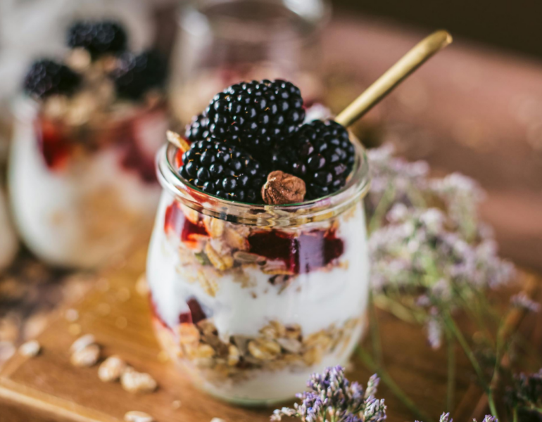 Breakfast oats topped with berries.