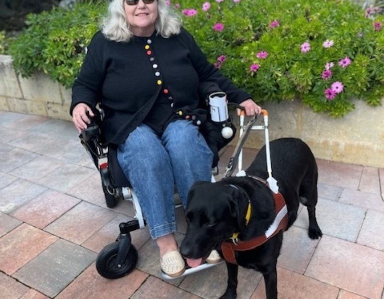 Lady in a wheelchair with guide dog on their right