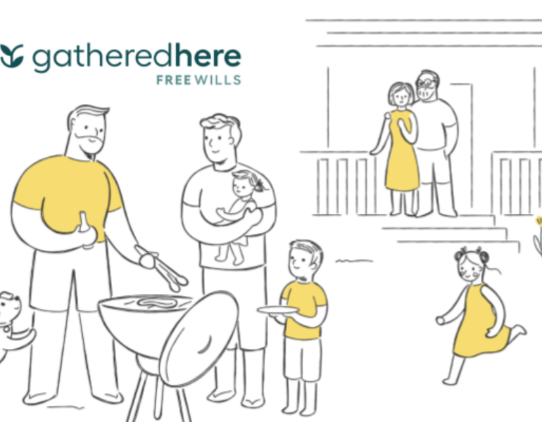 Gathered Here illustration showing family and friends gathered around the barbeque