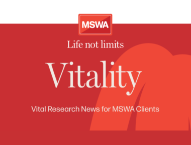 Red tile with text overlay Vitality - Vital research news for MSWA Clients