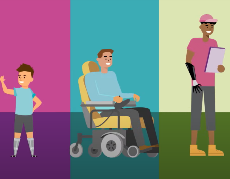 Illustration showing a woman with a walker, a child, a man on a wheelchair, a man with a cast on his arm,  and a man dancing