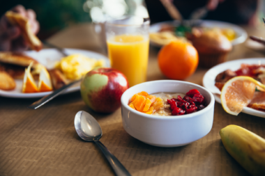 table with fruits and healthy foods